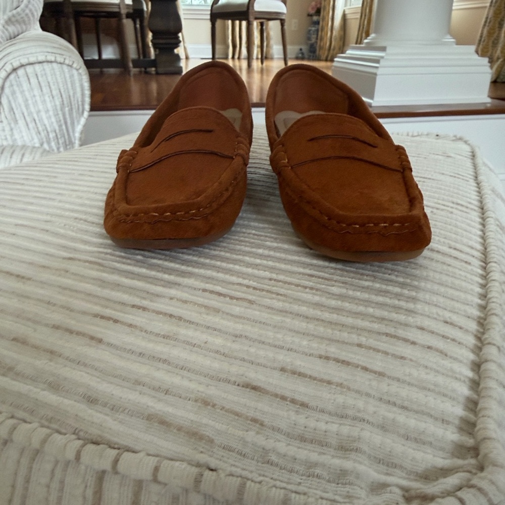Golden Road Cognac Faux Suede Wedge Loafers | Dark Academia penny loafer 8 - Picture 7 of 14